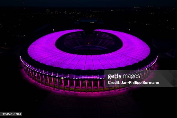 The Olympiastadion Berlin glows in purple colors in support of people with disabilities on December 3, 2021 in Berlin, Germany.