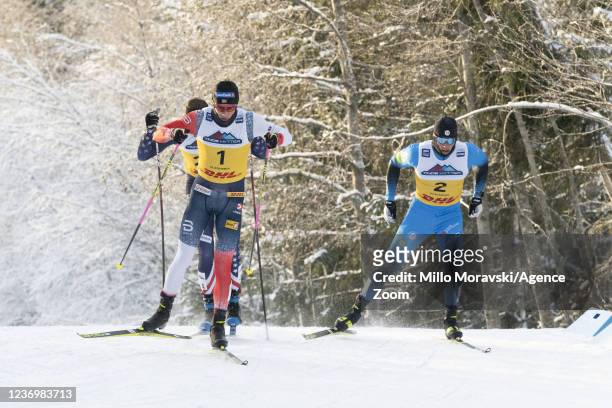Johannes Hoesflot Klaebo of Norway takes 1st place, Larsen Thomas Helland takes 2nd place, Richard Jouve of France takes 3rd place during the FIS...
