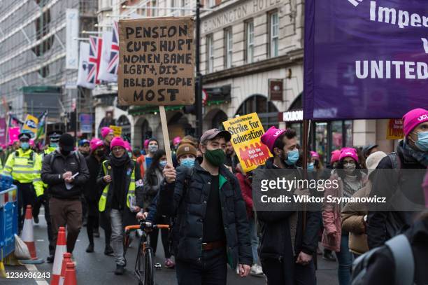 Lecturers, trade unionists and students march through central London in solidarity with higher education strikes taking place at 58 British...