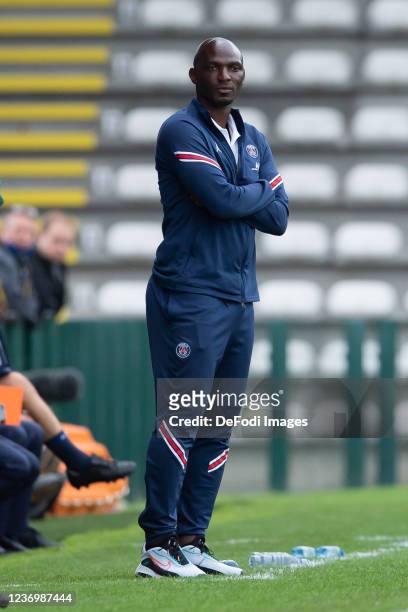Head coach Zoumana Camara of Paris Saint-Germain looks on during the UEFA Youth League match between Club Brugge and Paris St. Germain at The NEST on...