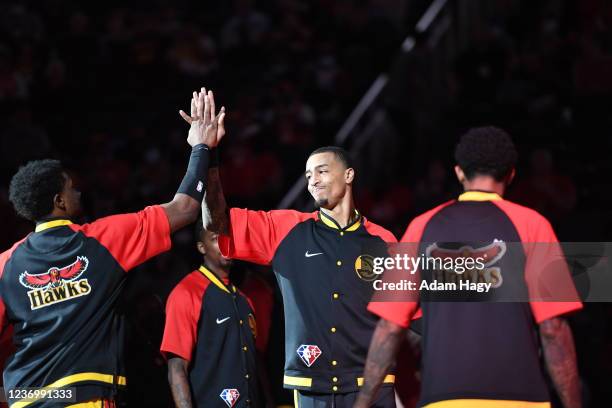 John Collins of the Atlanta Hawks comes out during player introductions before the game against the Philadelphia 76ers on December 3, 2021 at State...