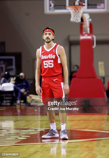 David Stockton of the Memphis Hustle looks on against the Lakeland Magic during an NBA G-League game on December 3, 2021 at Landers Center in...