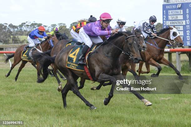 Femme Americain ridden by Shaun Cooper wins the HomeRun Food Co Trophy Race Handicap at Balnarring Racecourse on December 04, 2021 in Balnarring,...