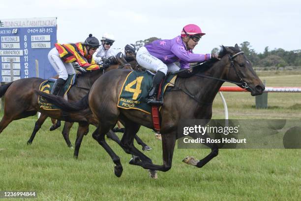 Femme Americain ridden by Shaun Cooper wins the HomeRun Food Co Trophy Race Handicap at Balnarring Racecourse on December 04, 2021 in Balnarring,...