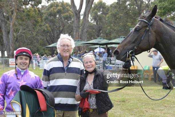 Connections of Femme Americain after winning the HomeRun Food Co Trophy Race Handicap at Balnarring Racecourse on December 04, 2021 in Balnarring,...