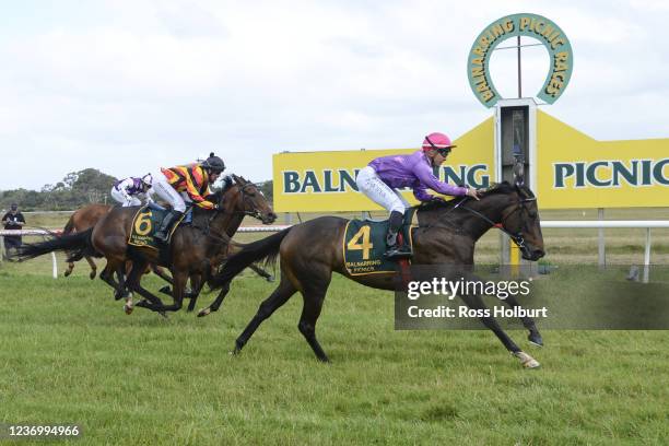 Femme Americain ridden by Shaun Cooper wins the HomeRun Food Co Trophy Race Handicap at Balnarring Racecourse on December 04, 2021 in Balnarring,...