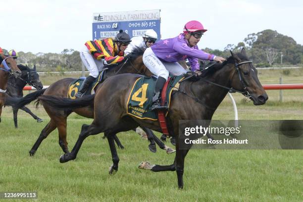 Femme Americain ridden by Shaun Cooper wins the HomeRun Food Co Trophy Race Handicap at Balnarring Racecourse on December 04, 2021 in Balnarring,...