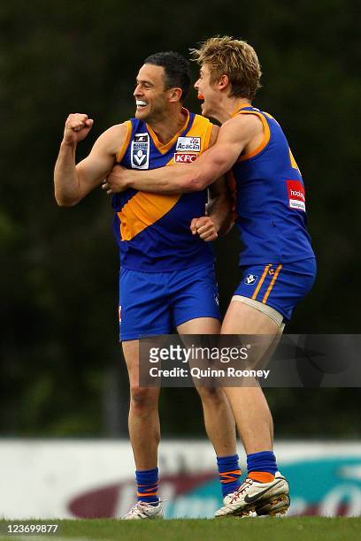 Lindsay Gilbee of Williamstown celebrates kicking a goal during the VFL Qualifying Final match between Williamstown and North Ballarat at Box Hill...