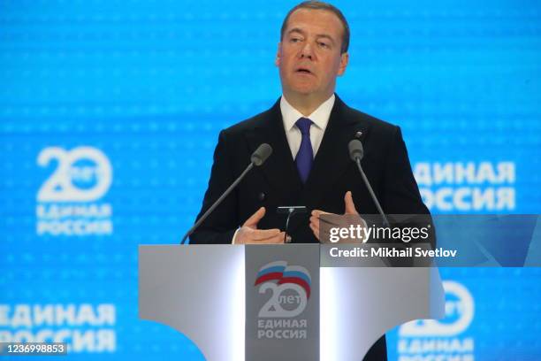 The United Russia Party Leader Dmitry Medvedev speeches during the Congress of The United Russia Party, on December 2021, in Moscow, Russia. Members...