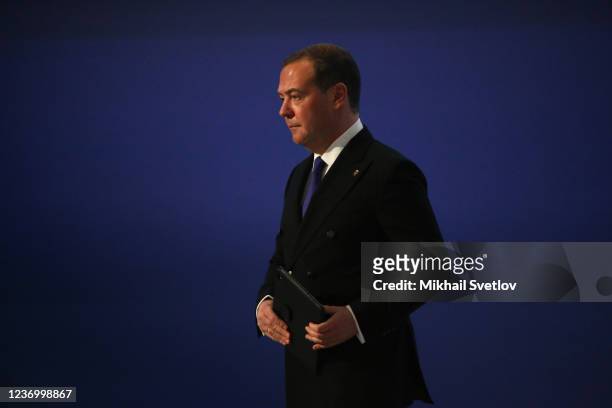 The United Russia Party Leader Dmitry Medvedev leaves the scene during the Congress of The United Russia Party, on December 2021, in Moscow, Russia....