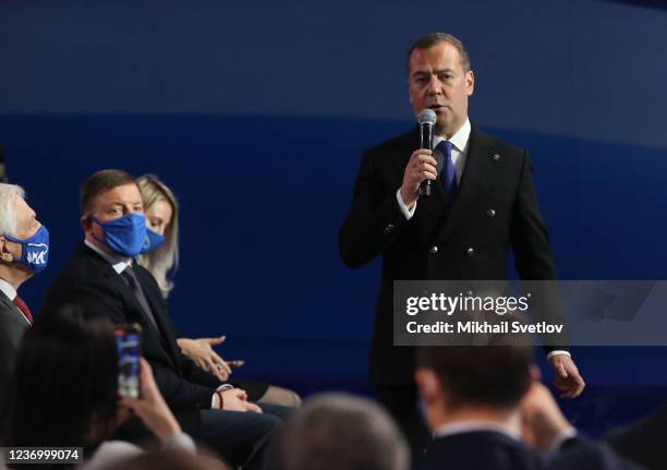The United Russia Party Leader Dmitry Medvedev speeches during the Congress of The United Russia Party, on December 2021, in Moscow, Russia. Members...