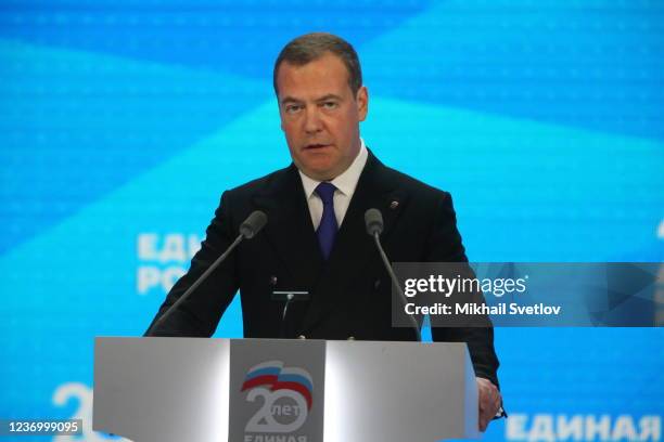 The United Russia Party Leader Dmitry Medvedev speeches during the Congress of The United Russia Party, on December 2021, in Moscow, Russia. Members...