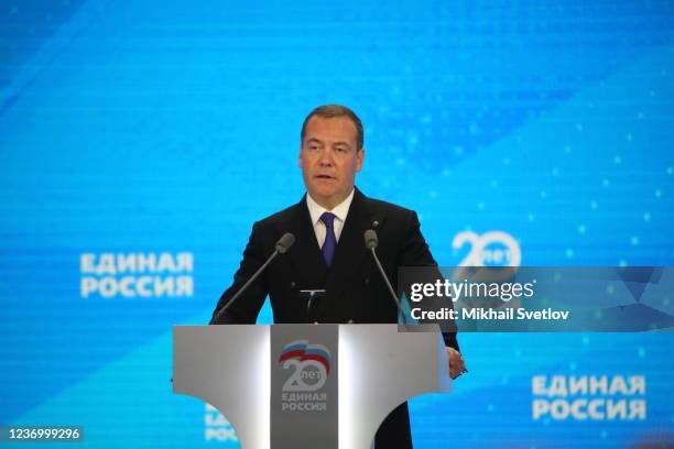 The United Russia Party Leader Dmitry Medvedev speeches during the Congress of The United Russia Party, on December 2021, in Moscow, Russia. Members...