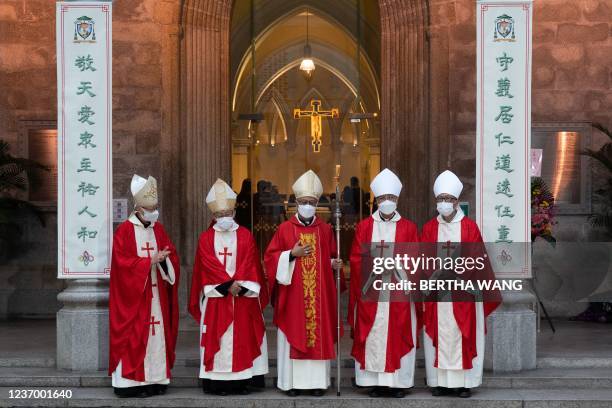 Cardinals John Tong Hon, Cardinal Joseph Zen, Bishop Stephen Chow, Bishop Joseph Ha and Dom. Paul Gao pose for a photo at the Episcopal Ordination of...