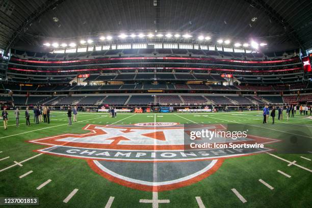 Big 12 championship logo mid field prior to the game between the Oklahoma State Cowboys and the Baylor Bears on December 4th, 2021 at ATT Stadium in...