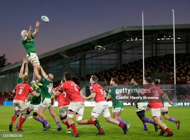 Matt Rogerson of London Irish wins a lineout during the Gallagher Premiership Rugby match between London Irish and Newcastle Falcons at Brentford...