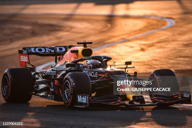 Red Bull's Dutch driver Max Verstappen drives during the third practice session of the Formula One Saudi Arabian Grand Prix at the Jeddah Corniche...