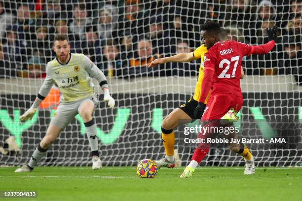 Divock Origi of Liverpool /.s/ 0-1 during the Premier League match between Wolverhampton Wanderers and Liverpool at Molineux on December 4, 2021 in...