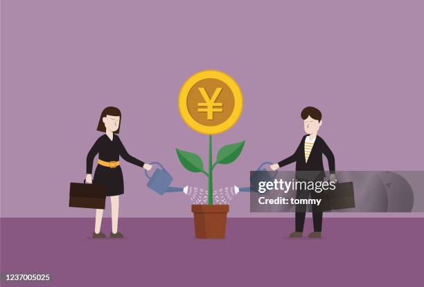 business people pouring water to plant a yen coin tree - chinese coin stock illustrations