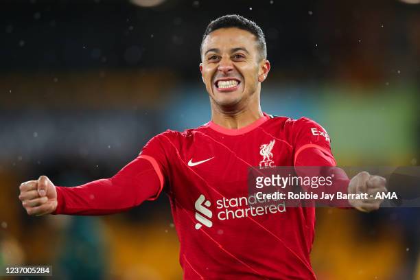 Thiago Alcantara of Liverpool celebrates during the Premier League match between Wolverhampton Wanderers and Liverpool at Molineux on December 4,...