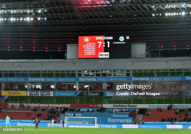 General view inside the stadium after the Bundesliga match between Bayer 04 Leverkusen and SpVgg Greuther Fürth at BayArena on December 4, 2021 in...