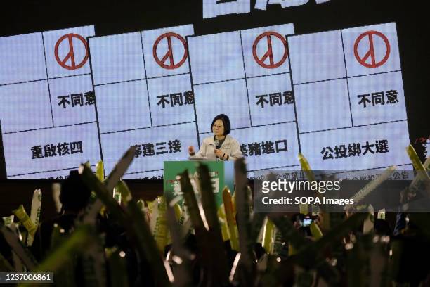Tsai Ing-wen, Taiwanese President, giving her remarks during the Democratic Progressive Party event to promote the upcoming referendum that will be...