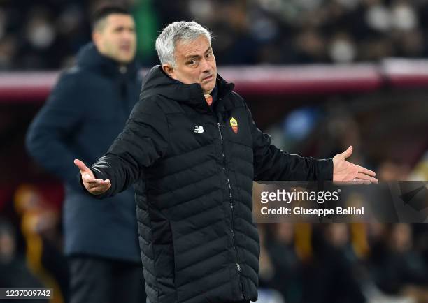 José Mário dos Santos Mourinho head coach of AS Roma gestures during the Serie A match between AS Roma and FC Internazionale at Stadio Olimpico on...