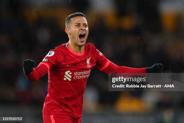 Thiago Alcantara of Liverpool celebrates during the Premier League match between Wolverhampton Wanderers and Liverpool at Molineux on December 4,...