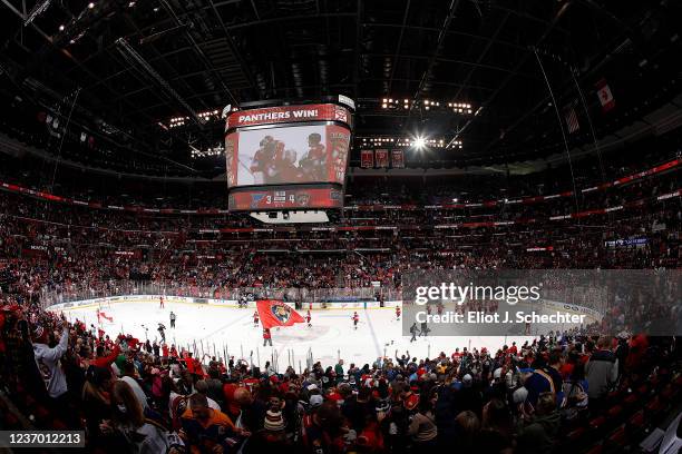 The Florida Panthers celebrate their 4-3 shoot out win against the St. Louis Blues at the FLA Live Arena on December 4, 2021 in Sunrise, Florida.