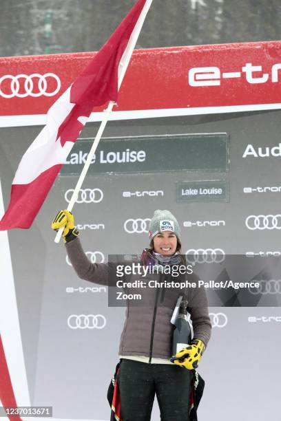 Marie-michele Gagnon of Canada celebrates Best place of Canada during the Audi FIS Alpine Ski World Cup Women's Downhill on December 4, 2021 in Lake...