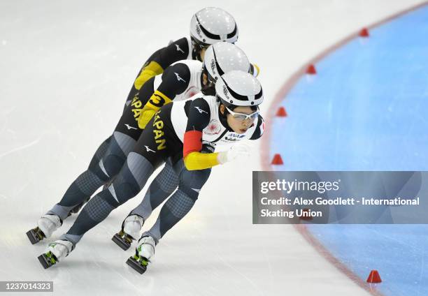 Miho Takagi, Nana Takagi and Ayano Sato of Japan compete in the women's team pursuit event on Day 2 of the ISU World Cup Speed Skating at Utah...