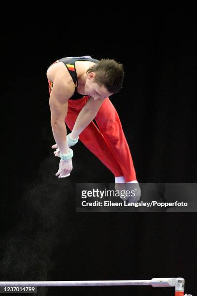 Marcel Nguyen of Germany competing on the horizontal bar during the senior men's qualification competition in the European Artistic Gymnastics...