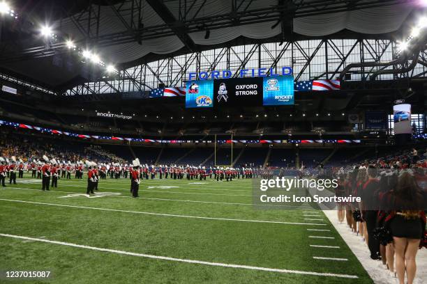 The video board displays an "Oxford Strong" graphic during a moment of silence in observance of the school shooting at Oxford High School in Oxford,...