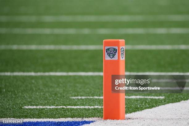 General view of the end zone marker with the MAC logo is seen during the Mid-American Conference football championship game between the Kent State...