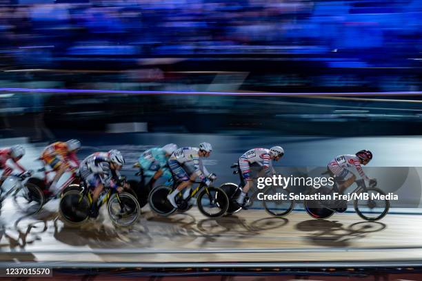 Kazushige Kuboki of Japan and Ed Clancy of Great Britain at Lee Valley Velopark Velodrome on December 4, 2021 in London, England.