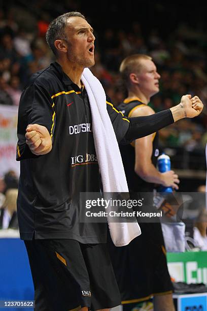 Sven Schultze of Germany shouts during the EuroBasket 2011 first round group B match between France and Germany at Siauliai Arena on September 2,...