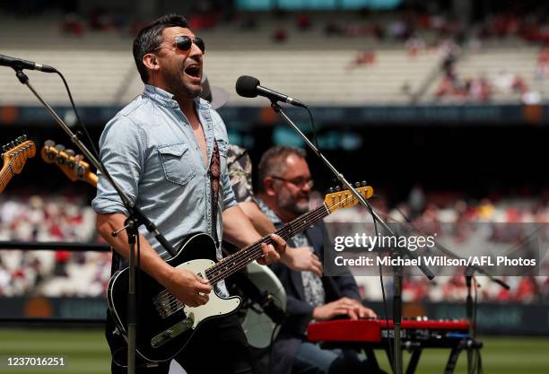Russell Robertson performs during the Melbourne Demons Premiership Celebration at the Melbourne Cricket Ground on December 05, 2021 in Melbourne,...