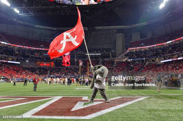 Alabama mascot "Big Al" waves a flag during the SEC Championship college football game between the Alabama Crimson Tide and Georgia Bulldogs on...