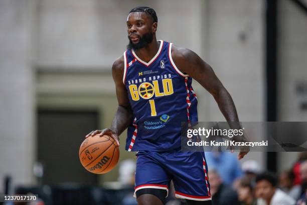 Lance Stephenson of the Grand Rapids Gold brings the ball up court against the Wisconsin Herd during the first half of an NBA G-League game on...