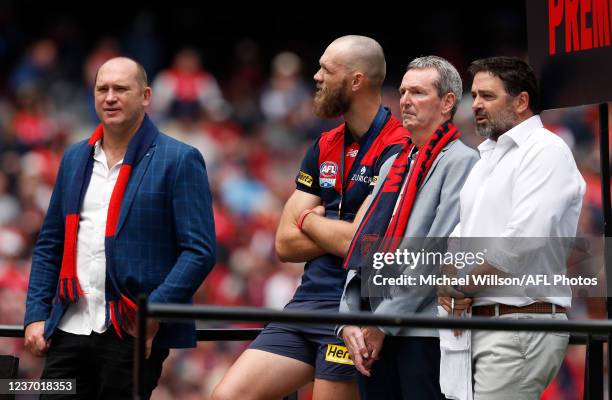 David Neitz, Max Gawn, Neale Daniher and Garry Lyon look on during the Melbourne Demons Premiership Celebration at the Melbourne Cricket Ground on...