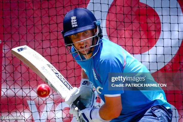 England's captain Joe Root takes part in a training session at the Gabba in Brisbane on December 5 ahead of the opening Ashes Test cricket match...