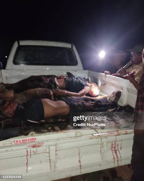 Dead body pile up in a pick-up truck after security forces from Assam Rifles killed 13 civilian in an anti-insurgency operation at Oting village...