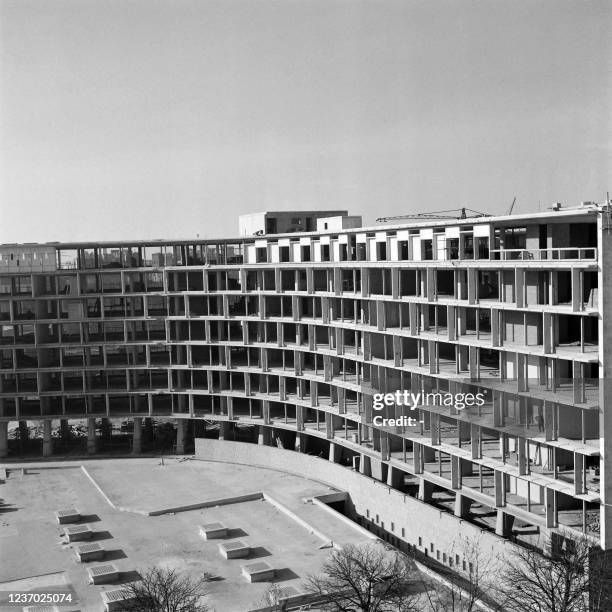 Picture taken on February 4, 1957 of the UNESCO headquarters buildings in Paris, erected on Place de Fontenoy and designed by architects French...