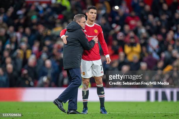 Manager Ralf Rangnick of Manchester United and Cristiano Ronaldo of Manchester United during the Premier League match between Manchester United and...
