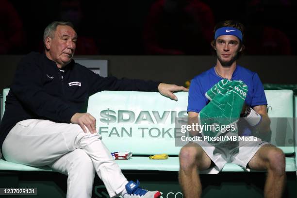 Team captain of Russia Shamil Tarpischev and Andrey Rublev during the Davis Cup Finals 2021 Final match between Russia and Croatia at Madrid Arena on...