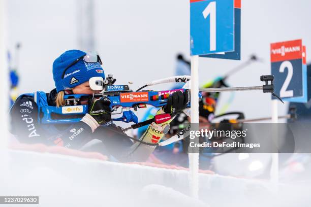 Franziska Preuss of Germany at the shooting range during the Relay Women at the IBU World Cup Biathlon Ostersund on December 5, 2021 in Ostersund,...