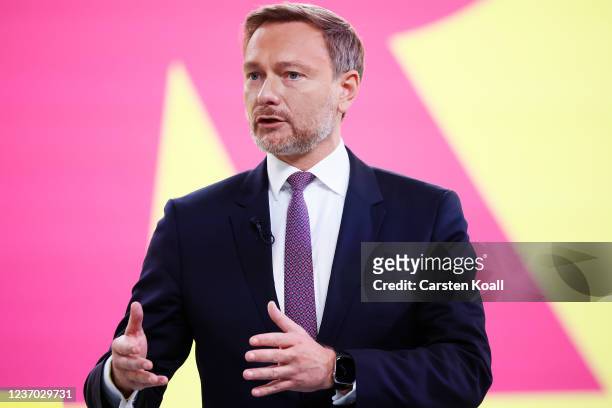 Christian Lindner, leader of the German Free Democrats , speaks at a virtual federal party congress on December 5, 2021 in Berlin, Germany. The party...