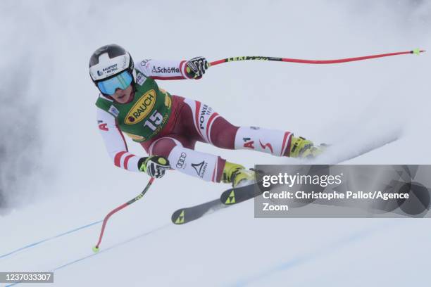 Nicole Schmidhofer of Austria in action during the Audi FIS Alpine Ski World Cup Women's Super G on December 5, 2021 in Lake Louise Canada.