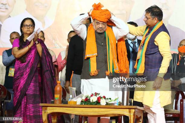 Union Home Minister Amit Shah being welcomed by BJP Rajasthan President Satish Poonia and Former Rajasthan Chief Minister Vasundhara Raje during the...