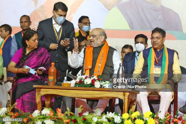 Union Home Minister Amit Shah with Former Rajasthan Chief Minister Vasundhara Raje and BJP Rajasthan President Satish Poonia during the BJP 'Jan...